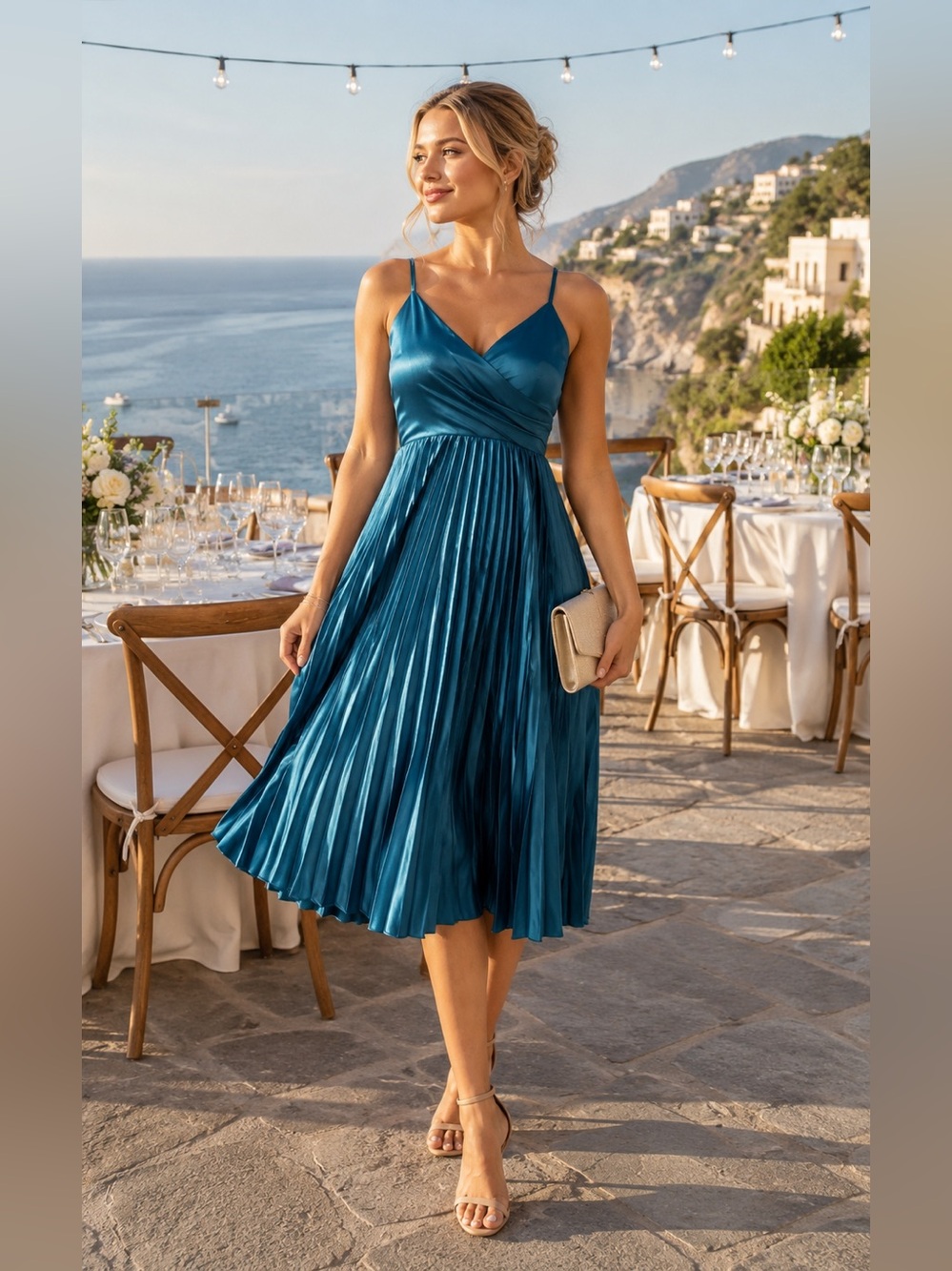 HALARA Teal Pleated Satin V-Neck Spaghetti-Strap Midi Dress MSRP $73